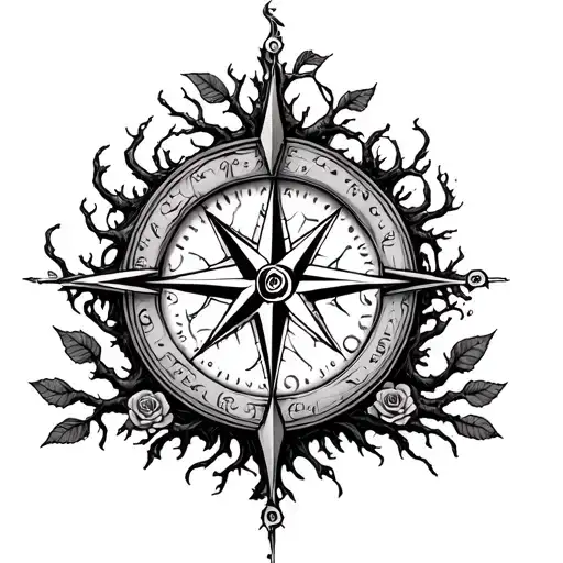 Compass Surrounded By Tree Of Life Intertwined With Roots And Roses