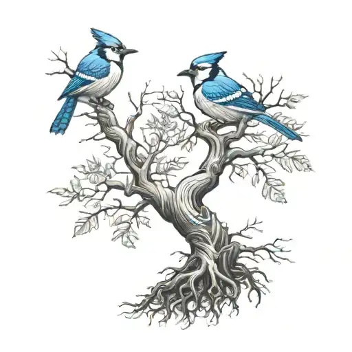 Tree With Roots And Two Blue Jays