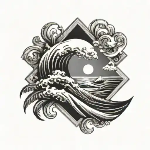 Wave In Diamond With Palm Right And Sun Above