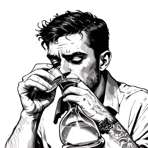 A Sad Man Drinking A Hourglass With A Straw