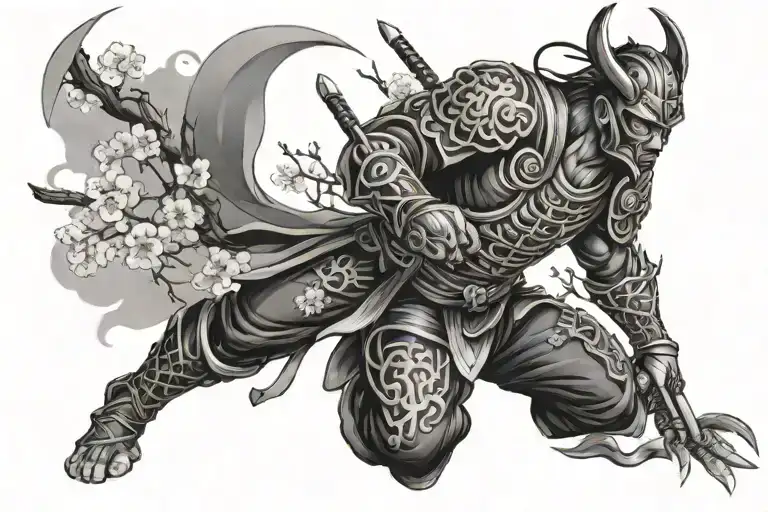 Japanese Dark Warrior Entwined From Cherry Blossom Tendrils