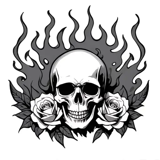 Skull And Roses Surrounded With Smoke And Flames