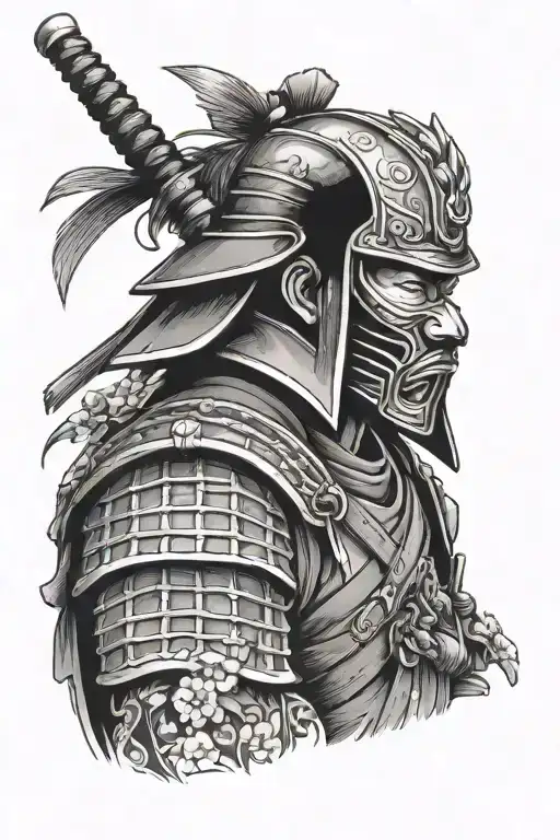 Japanese Samurai Warrior With Mask Adorned In Fiels Of Cherry