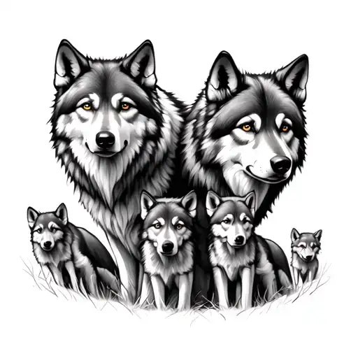 Male And Female Wolf With 3 Cubs