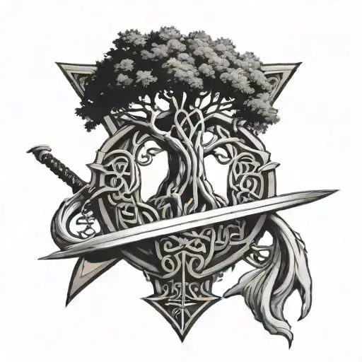 Celtic Tree Of Life Knot Growing On Wooden Shield With Sword Crossed Behind It