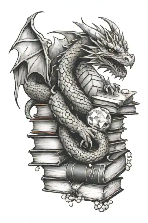 Dragon Laying On Books And Gems