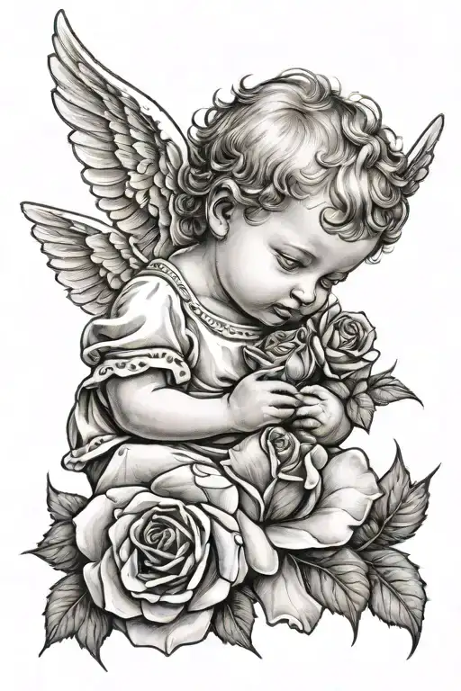 Baby Angel With Red Rose
