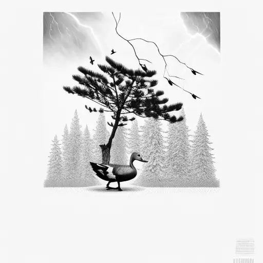 Pine Trees With Ducks Flying In Front And A Power Line Getting Struck By Lightning