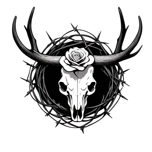 Bull Skull One Small Rose Center Forehead With Barbed Wire Wrapped Around Antlers