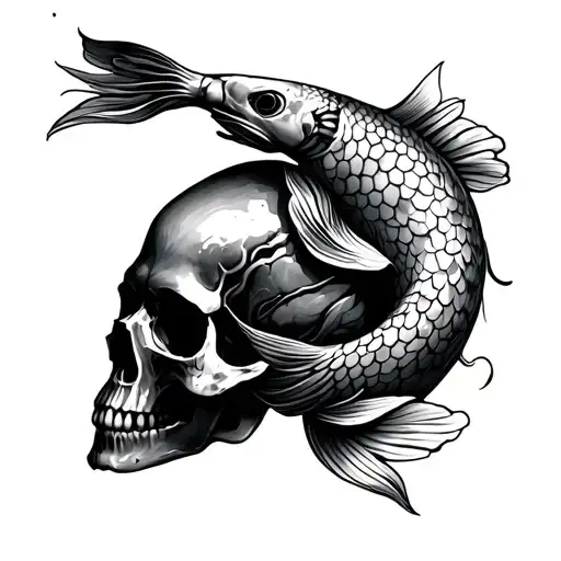 Koi Wrapped Around A Skull