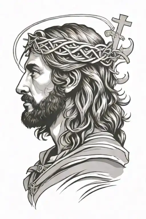 Side Profiles Of Jesus With 3 Small Crossing Below Him Filled With Backgorund