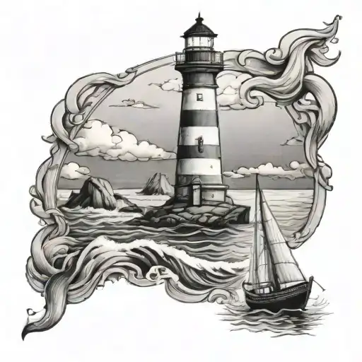 Lighthouse And A Little Boat Sailing Away