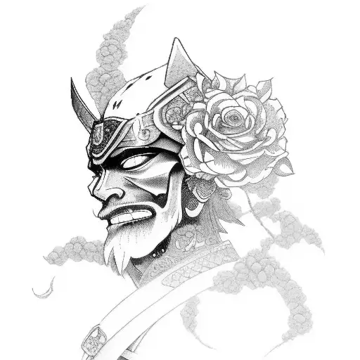 Japanase Warrior With Roses