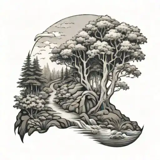 A Forest Scene With A Mysterious Path Leading To A Hidden Ocean Cave