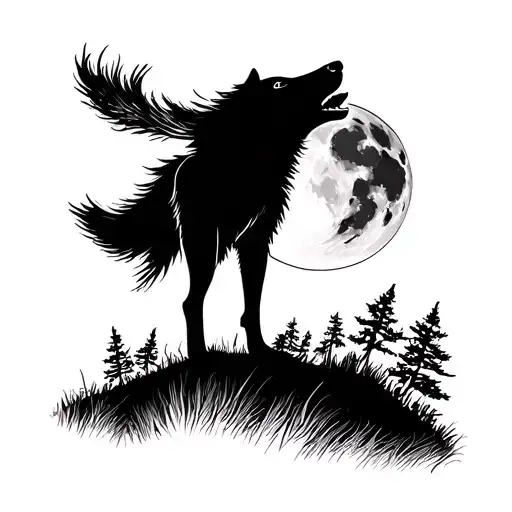 Wolf Silhouette Howling On A Hill With The Light From The Moon Outlining The Wolf