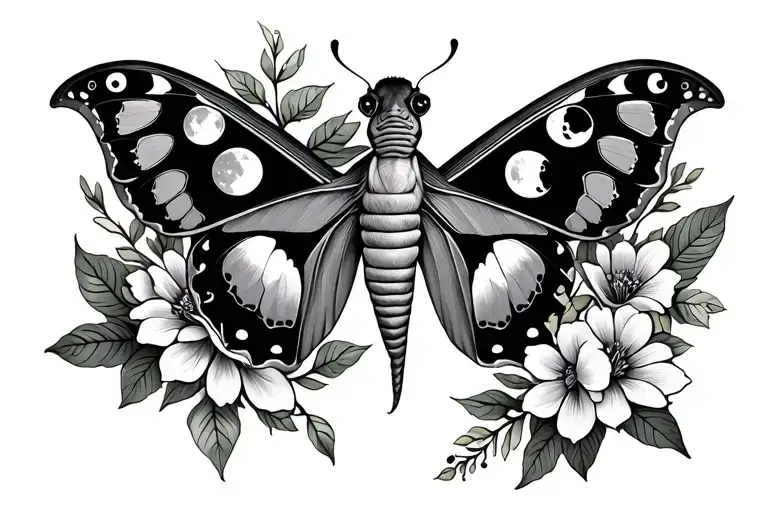 Luna Moth With Moon Phase And Flowers Around It Chest Tattoo Female