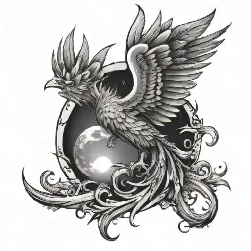 Moon With Phoenix Rising From Ashes
