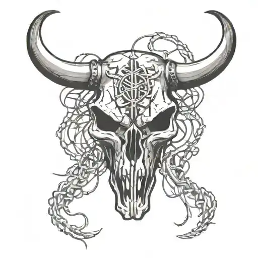 Black And Grey Traditional Bull Skull With Barbed Wire