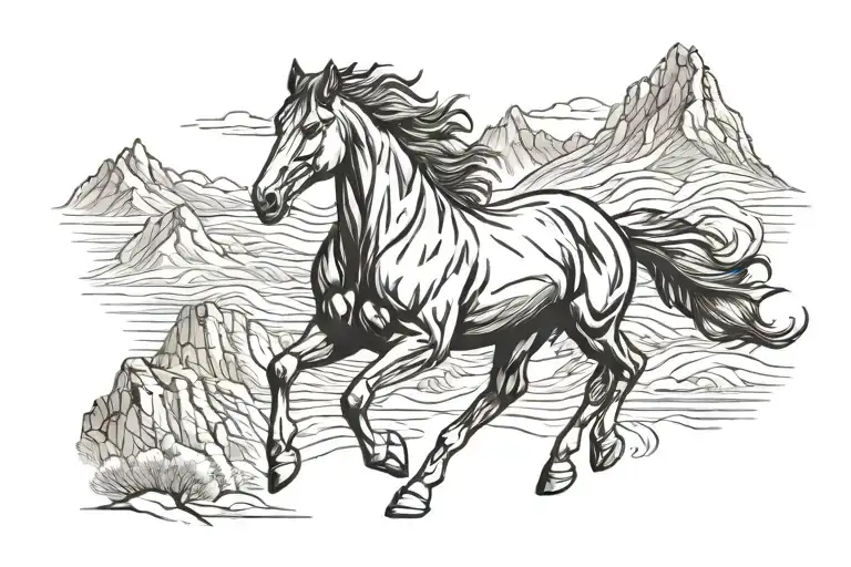 Galloping Horse With Mountains In The Background Black And White