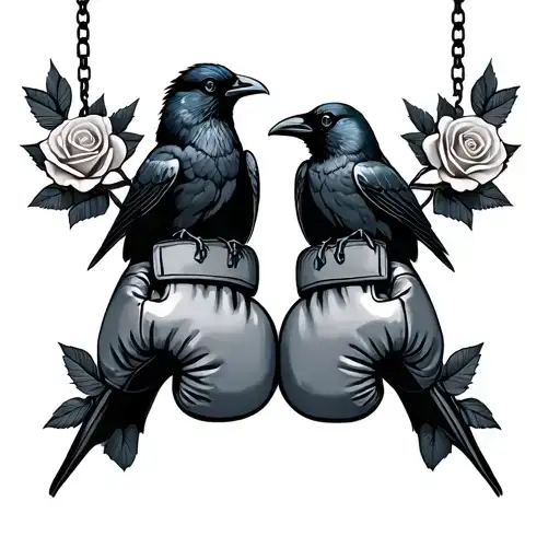 Boxing Gloves Hanging With Crows Holding A Rose On Each Side Tattoo
