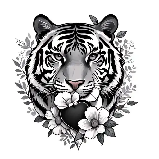 Mother And Daughter Mother Tiger Combines With A Heart And Flowers