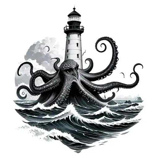 Kraken Warping Lighthouse And Waves Crashing The Rocks Below