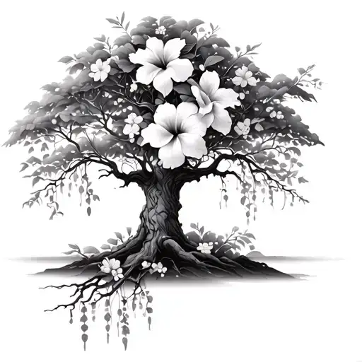 Willow Tree Surrounded By Hibiscus Flowers And Cherry Blossoms