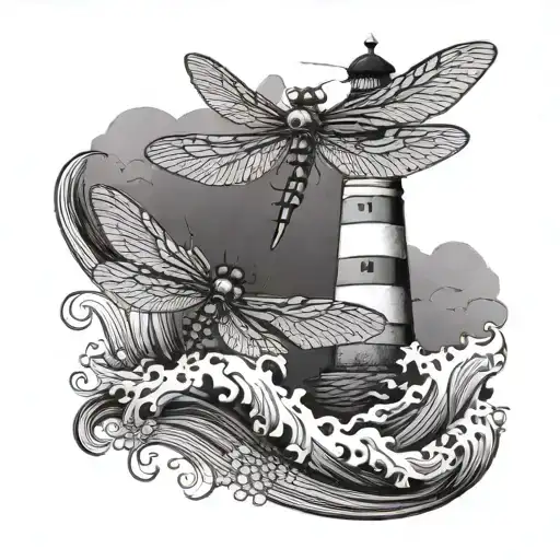 A Dotwork Tattoo Of A Dragonfly Perched On Top Of A Lighthouse With Waves Crashing Below