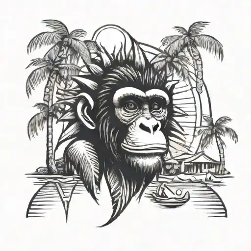 A Sketch Style Tattoo Of A Sun Shining Down On A Monkey On The Beach With Palm Trees