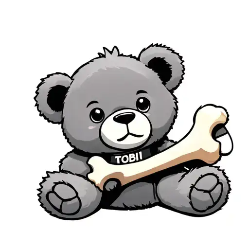 Cute Teddy Bear Holding A Tibia Bone Across His Body Wearing A Collar That Says Tobi