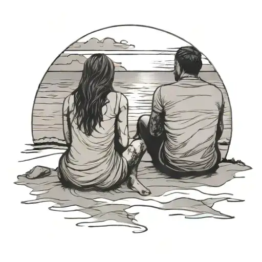 Couple Sitting Facing Sunset On Beach