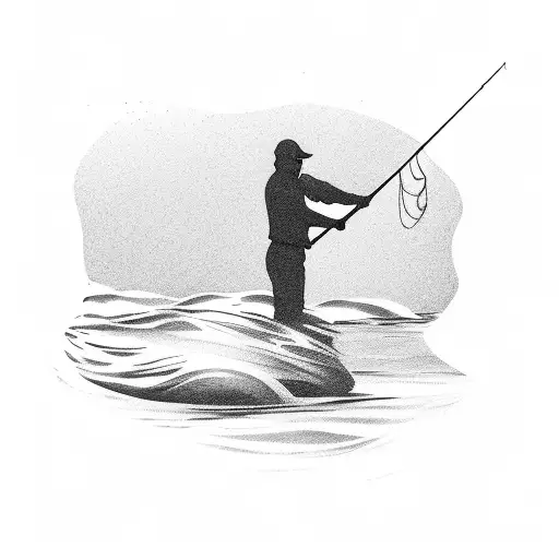 A Sketch-style Silhouette Of A Fisherman Casting A Line Into A Flowing River