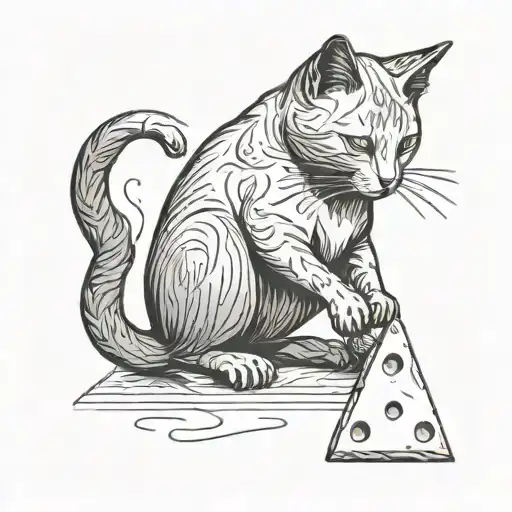 Minimalist Cat Playing With A Triangular Block Of Cheese As A Toy Like A Yarn Ball