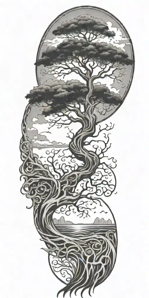Tree Of Life With Deep Roots Surrounded By Violent Stormy Seas And Skies And Wind