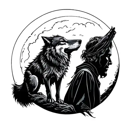 The Wolf Howls On The Moon On The Left Silhouette Of A Man On The Right Of Grandmother