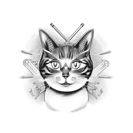 A Japanese-inspired Black And Grey Tattoo Of A Mechanic Cat Holding A Wrench