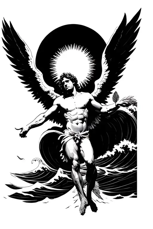 Sun With Male Falling Angel With Feathers Into The Ocean Waves