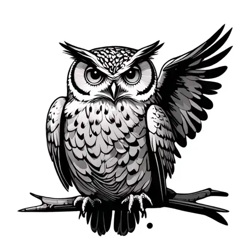 A Graphic Hulotte Owl With A Folded Wing That Hides Part Of Its Head