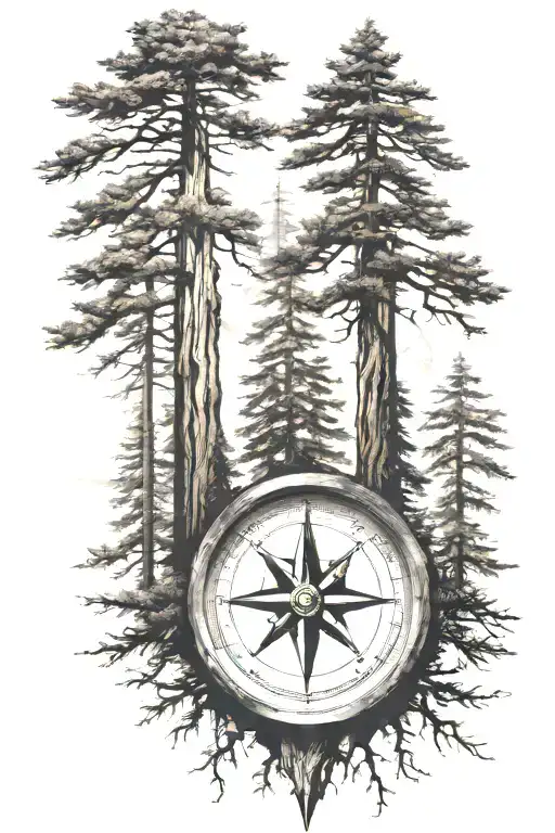 Redwood Trees With Compass Surrounded