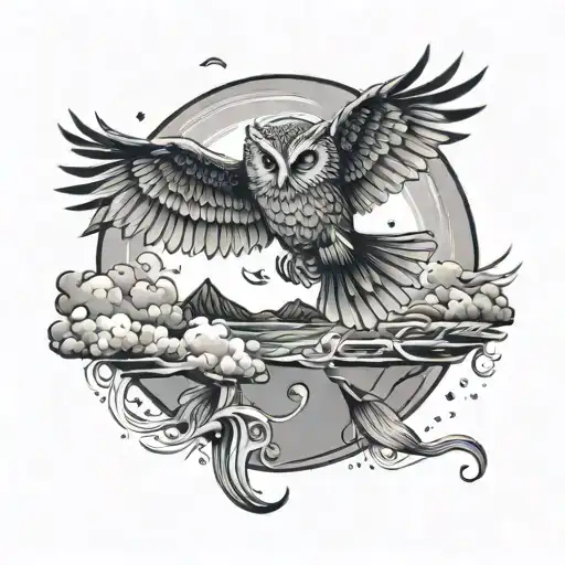 Full Moon With Whimsical Clouds A Flying Owl And A Koi Fish Jumping From The Water