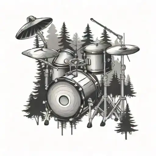 A Tattoo Design Combining A Drum Set And A Forest Scene