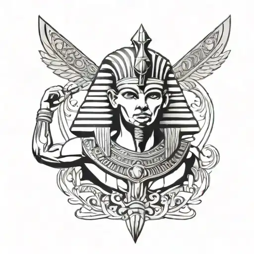 Egyptian Curved Dagger Strapped To Thigh With Pharoah Head Hilt