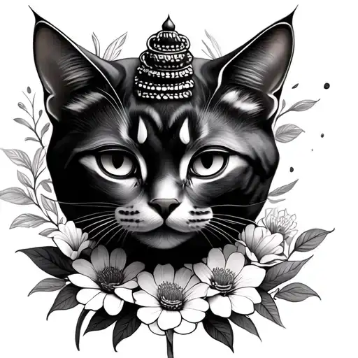 Buddha Cat Surrounded By Flowers