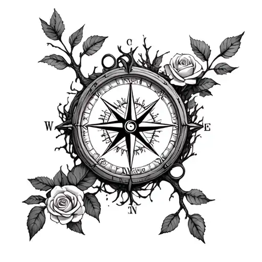 Compass Surrounded By Tree Of Life Intertwined With Roots And Roses In A Hourglass