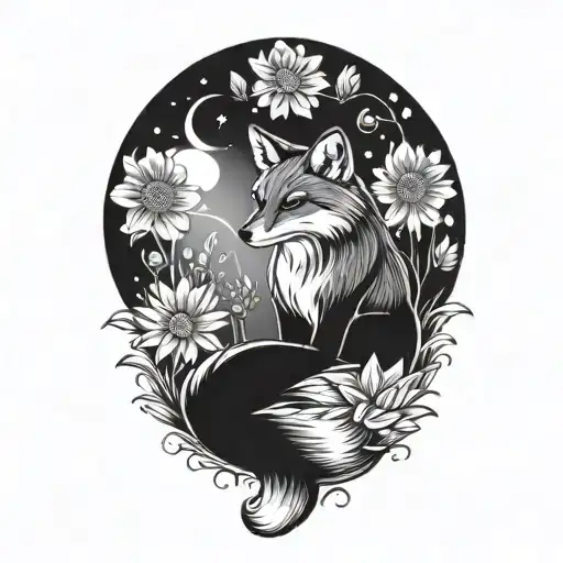 Fox Sitting Forward With Moon In The Background Surrounded By Daisys