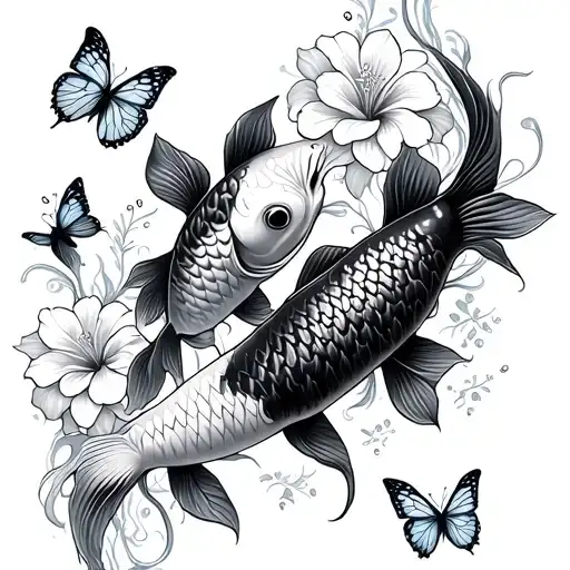 Two Koi Fish With Hibiscus Flowers And Butterflies Around It