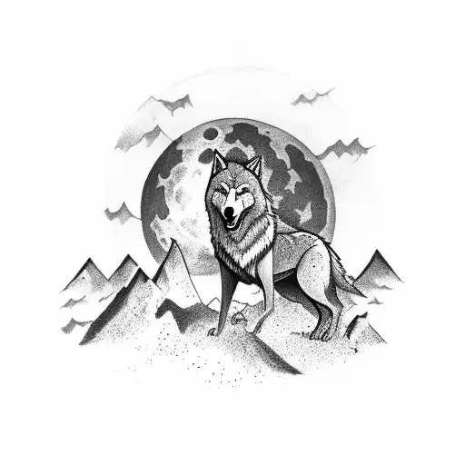 A Black-grey Tattoo Of A Wolf Howling At The Moon Over A Mountain Landscape
