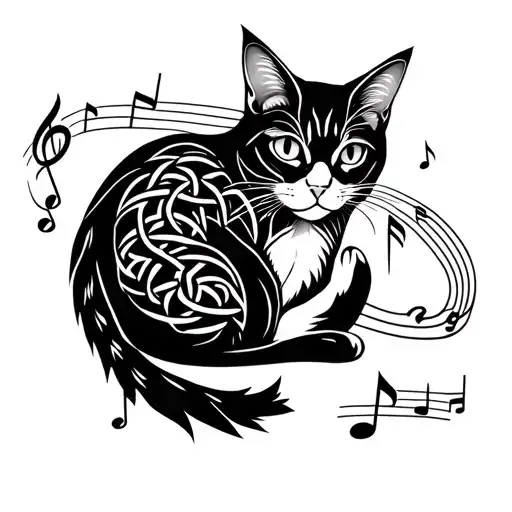Nordic Knotwork Cat Curled Up With Music Notes In Background