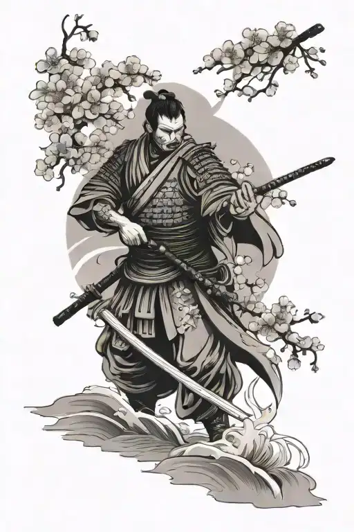 Japanese Samurai Standing In Water With Cherry Blossom Background