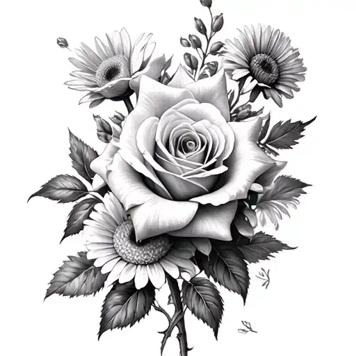 Rose And Daffidol And Aster Flowers Tattoo